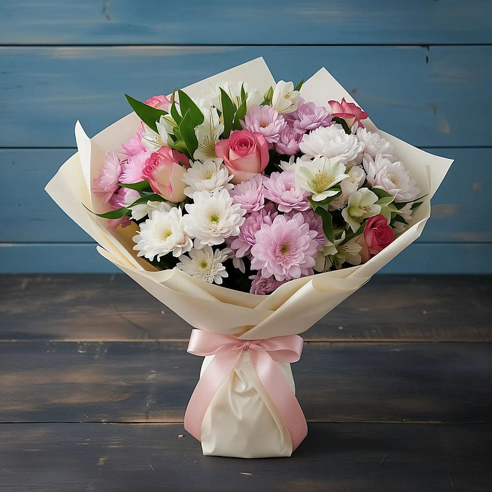 Букет цветов из: Хризантемы, Альстромерии и Розы в Суде